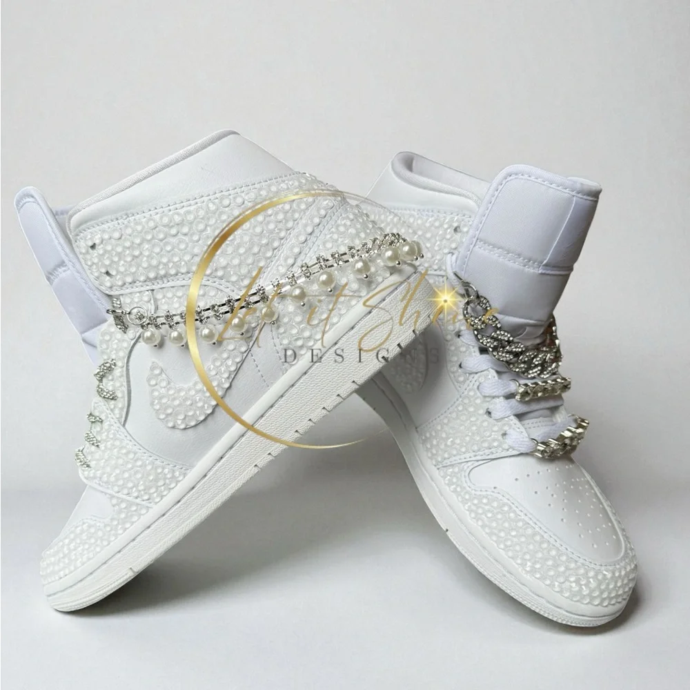 White Bling Wedding Jordan 1 Mid Custom Rhinestone Sneakers - Picture 8 of 12